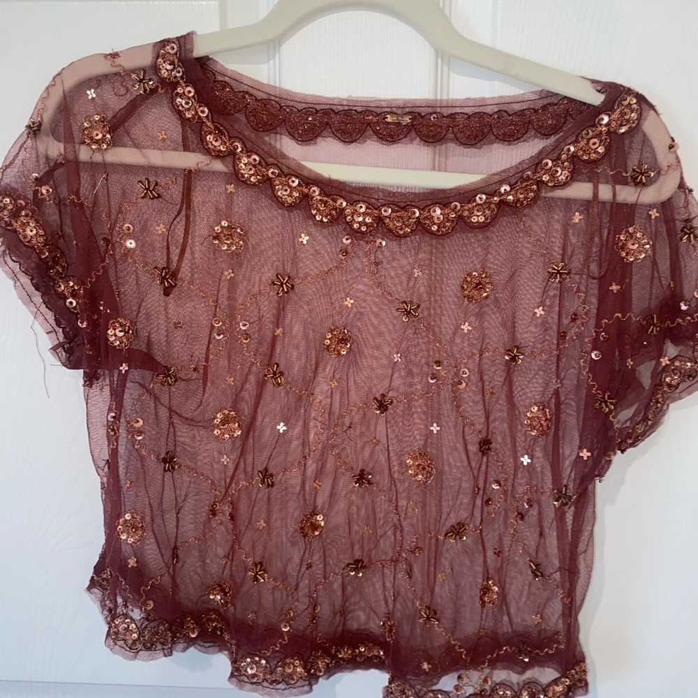 Free People Embellished Sheer Maroon Top
